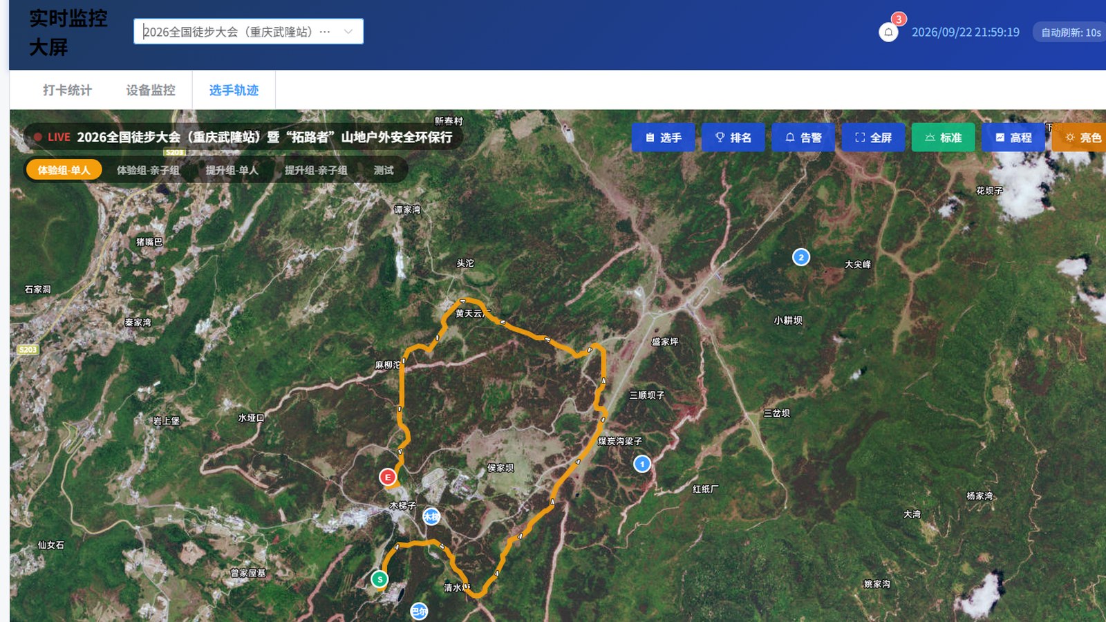 途鹿 GPS 实时追踪系统 · 现场指挥中心大屏：高德卫星底图 + 赛道轨迹 + 选手实时定位